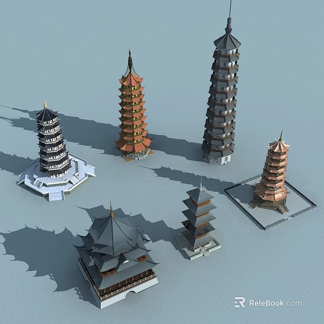 Multiple Traditional Pagodas Showcasing Diverse Architectural Styles And Structures 3d model 