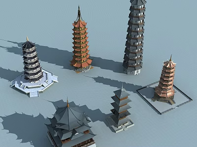 Multiple Traditional Pagodas Showcasing Diverse Architectural Styles And Structures 3d model