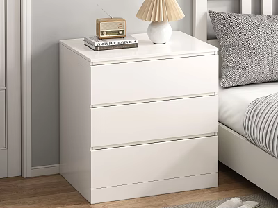 White Modern Nightstand with Three Drawers and Table Lamp Radio Books in Bedroom 3d model