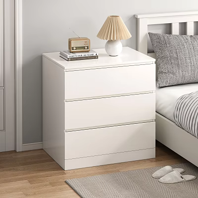 White Modern Nightstand with Three Drawers and Table Lamp Radio Books in Bedroom 3d model