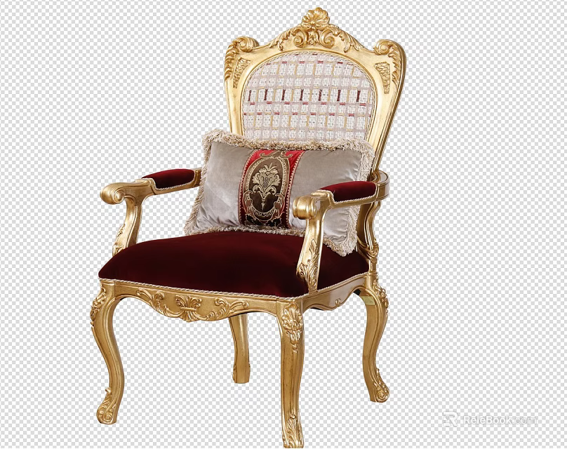 European Style Armchair With Golden Carved Frame Woven Backrest Red Velvet Upholstery And Crest Cushion 3d model 