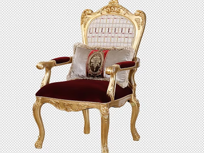 European Style Armchair With Golden Carved Frame Woven Backrest Red Velvet Upholstery And Crest Cushion 3d model