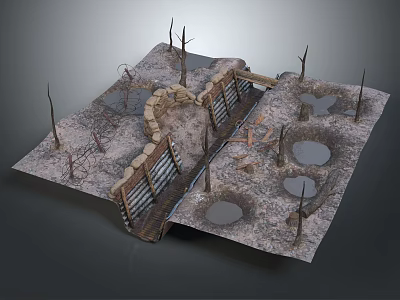 Tactical Military Training Equipment With Obstacle Walls Wooden Stakes And Crater Structures 3d model