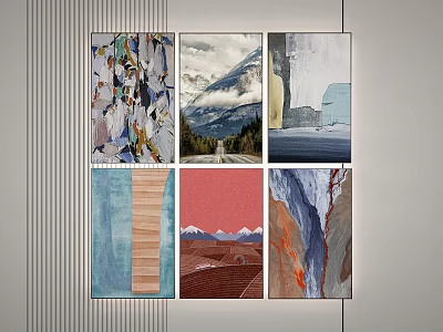 Six Art Paintings With Mountain Landscape And Abstract Styles On Wall 3d model