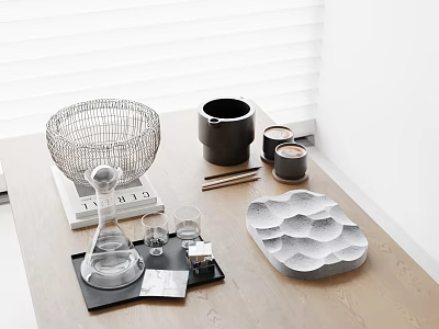 Modern Inflatable Home Decor Products On Wooden Table With Stylish Accessories And Glassware 3d model