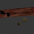 Red Wooden Bench With Two Black Oil Lamps And Brown Watering Can