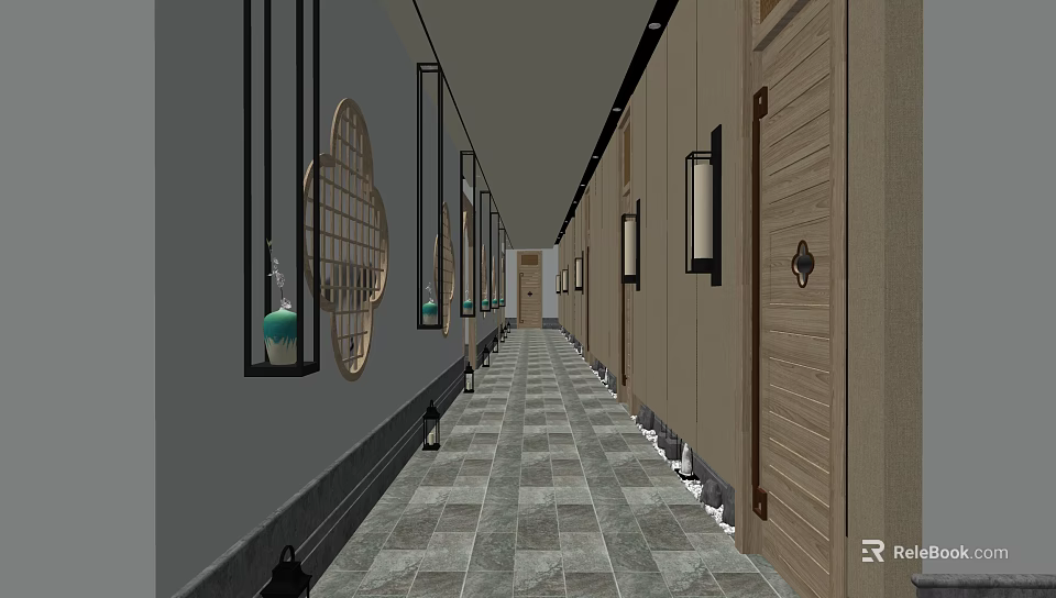 Elegant Hotel Corridor With Circular Decor Wooden Doors And Wall Mounted Lanterns 3d model 
