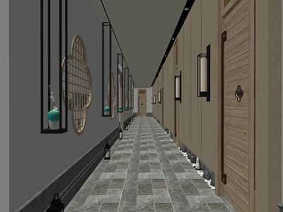 Elegant Hotel Corridor With Circular Decor Wooden Doors And Wall Mounted Lanterns 3d model