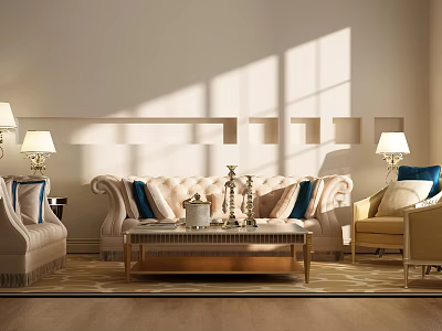 Elegant Modern Living Room Sofa Set With Blue Pillows And Coffee Table 3d model