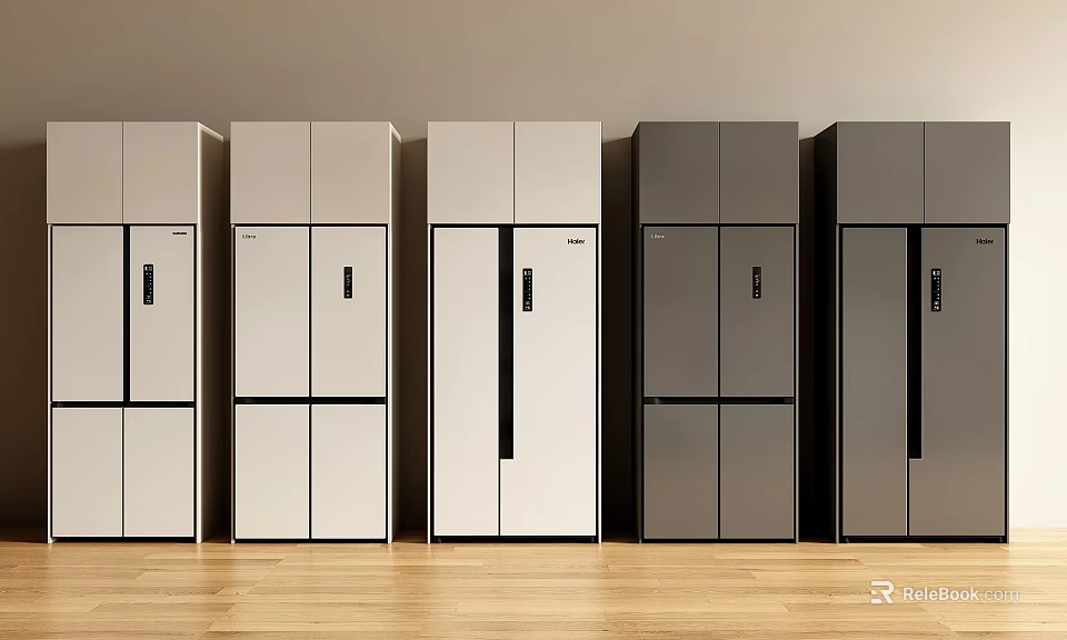 Row of Modern White and Gray Refrigerators in Minimal Interior Design 3d model 