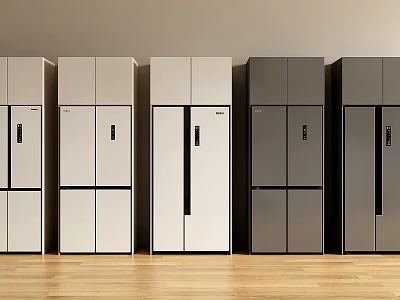 Row of Modern White and Gray Refrigerators in Minimal Interior Design 3d model