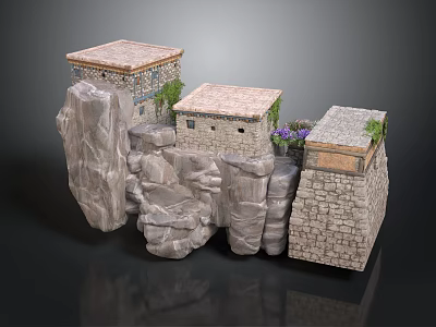 Traditional Stone Buildings With Textured Blocks Flat Roofs And Plant Decorations 3d model