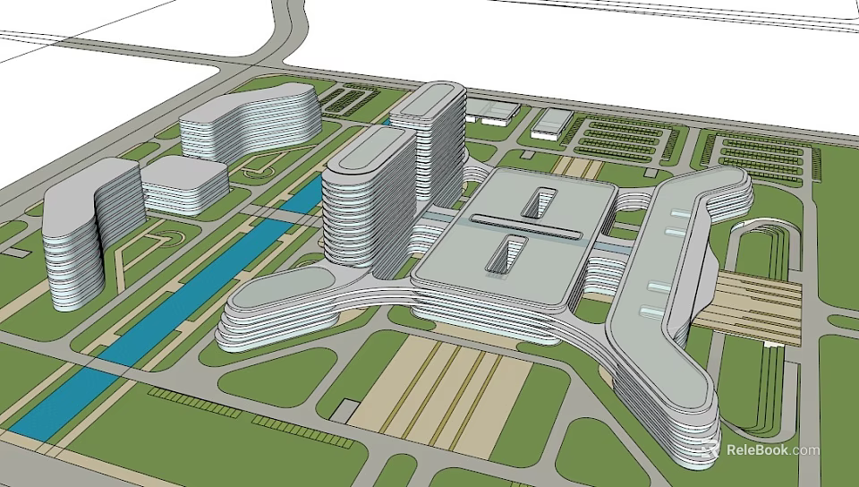 Modern Hospital Building Complex Design With Surrounding Green Spaces Water Channel And Roadways 3d model 