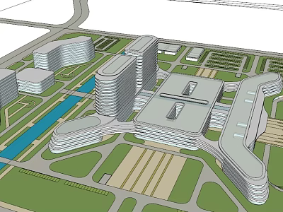 Modern Hospital Building Complex Design With Surrounding Green Spaces Water Channel And Roadways 3d model