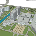 Modern Hospital Building Complex Design With Surrounding Green Spaces Water Channel And Roadways