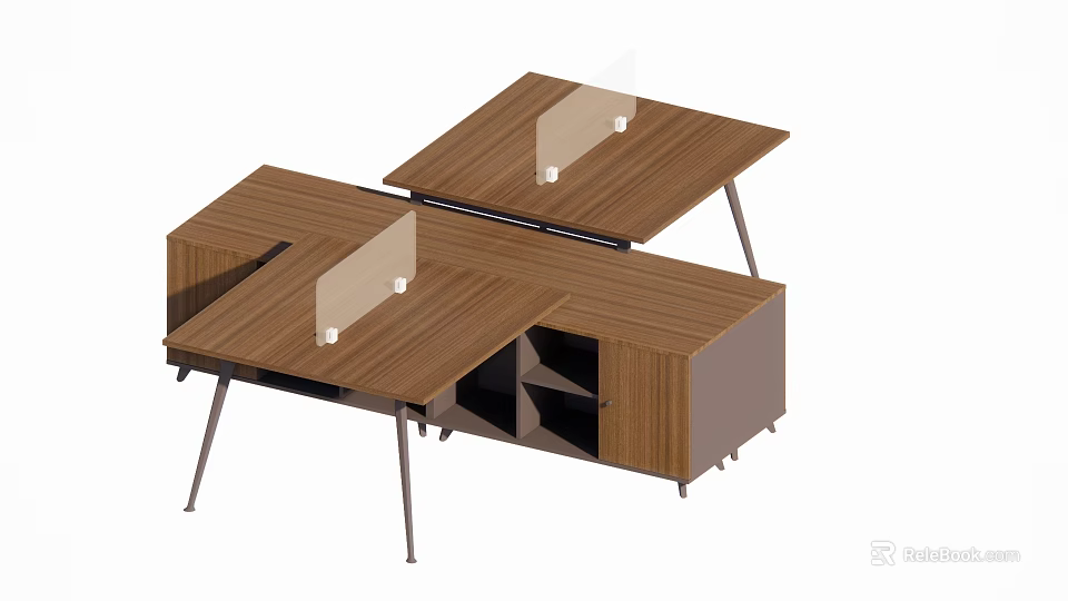Modern Wooden Office Desk With Glass Dividers Metal Legs And Storage Cabinets 3d model 