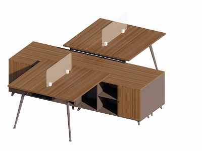 Modern Wooden Office Desk With Glass Dividers Metal Legs And Storage Cabinets 3d model