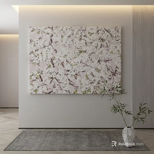 Soft Tones Abstract Painting With Floral Patterns And Curved Lines For Modern Interior Wall Decor 3d model 