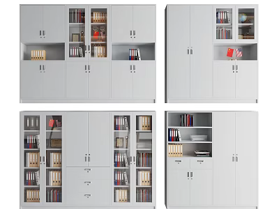 White Bookcases In Different Designs With Multiple Compartments Shelves Filled With Books And Folders 3d model