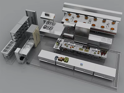 Commercial Kitchen Appliances Setup With Stainless Steel Stoves Worktables And Cabinets 3d model