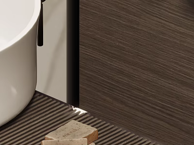 Elegant Bathroom Featuring Bathtub Striped Floor Mat And Soap Bars 3d model