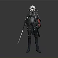 Woman In Black Armor With White Helmet Holding Long Sword Standing On Gray Background 3d model