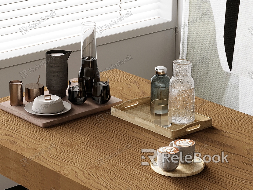 Wine Set Glass Wine Glass Decanter Flower Coffee Solid Wood Square Tray Round Tray Glass Cool Water Teapot model