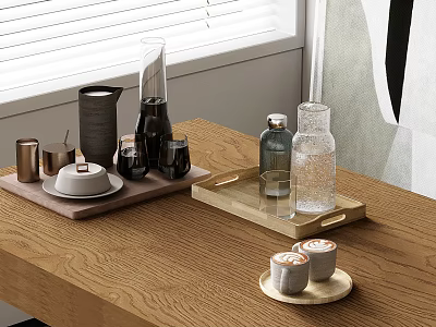Elegant Wine Bottles And Glasses Arranged On Wooden Table With Glass Trays 3d model