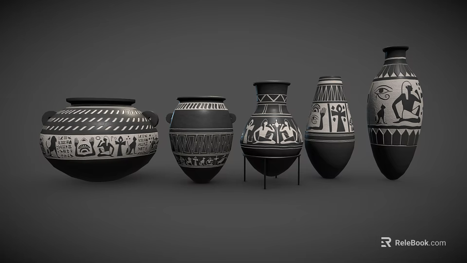 Ancient Pottery Vases With Intricate Black White Patterns Displayed In A Row With Geometric Symbols 3d model 