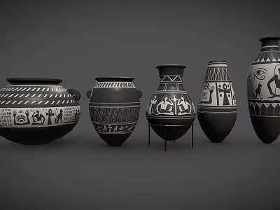 Ancient Pottery Vases With Intricate Black White Patterns Displayed In A Row With Geometric Symbols 3d model
