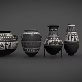 Ancient Pottery Vases With Intricate Black White Patterns Displayed In A Row With Geometric Symbols