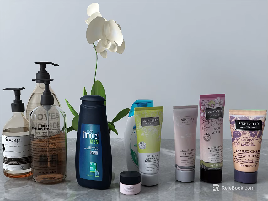 Essential Bathroom Accessories Including Hand Soap Body Lotion Shower Gel And Decorative White Orchid 3d model 