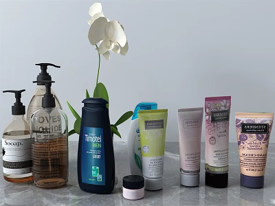 Essential Bathroom Accessories Including Hand Soap Body Lotion Shower Gel And Decorative White Orchid 3d model