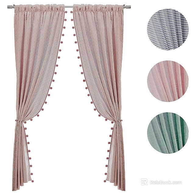 Stylish Curtains With Pom Pom Trim And Various Texture Options For Decor 3d model 