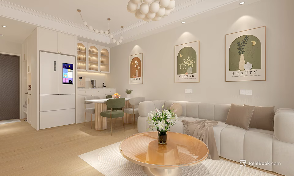 Modern Living and Dining Room Interior With White Chandelier Decorative Paintings and Sofa 3d model 