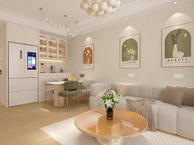 Modern Living and Dining Room Interior With White Chandelier Decorative Paintings and Sofa 3d model