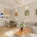 Modern Living and Dining Room Interior With White Chandelier Decorative Paintings and Sofa
