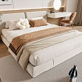 Modern Beige Upholstered Double Bed With White Brown Pillows Soft Blanket And Bedroom Rug
