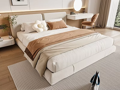 Modern Beige Upholstered Double Bed With White Brown Pillows Soft Blanket And Bedroom Rug 3d model