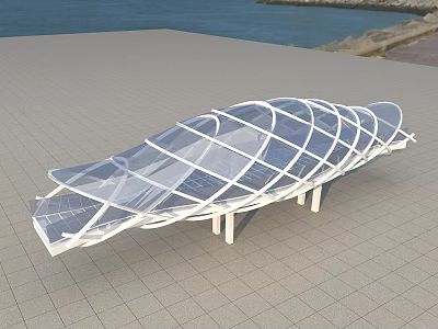 Modern Glass Bridge With White Frame Structure Near Coastal Walkway Area 3d model