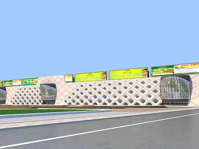 Elegant Commercial Building Exterior Featuring Diamond Pattern Billboards Lawn Road And Blue Sky 3d model