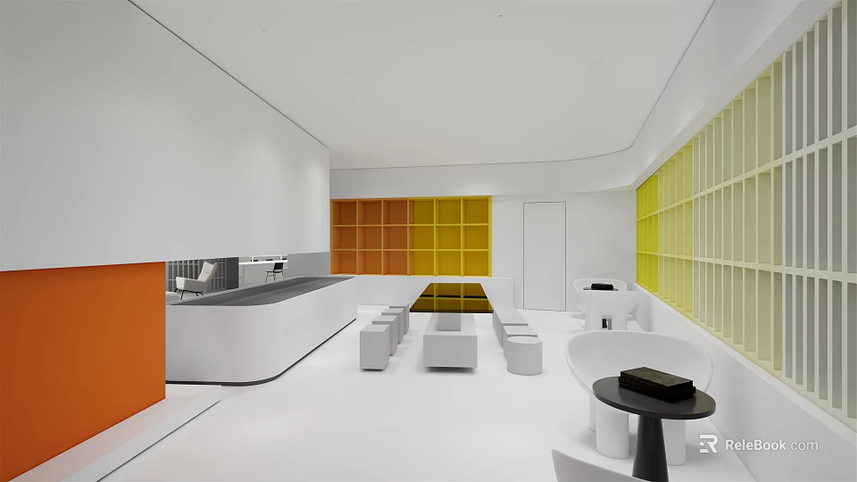 Modern Lounge Area Interior With White Seating Orange Accents And Yellow Shelves 3d model 