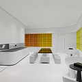Modern Lounge Area Interior With White Seating Orange Accents And Yellow Shelves