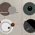 Modern Wall Decor With Circular Plates Marble Texture Wood And Metal Accents