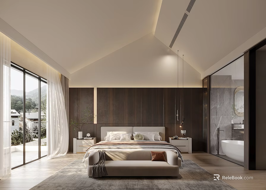 Modern Bedroom Interior With Wooden Walls Floor-to-Ceiling Windows Bed Nightstands Rug And Attached Bath 3d model 