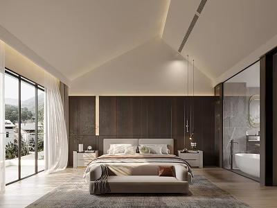 Modern Bedroom Interior With Wooden Walls Floor-to-Ceiling Windows Bed Nightstands Rug And Attached Bath 3d model