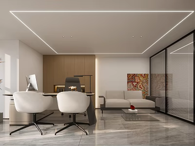 Modern Office Interior Design With Desk Chairs Sofa Artwork Glass Partitions And Marble Floor 3d model