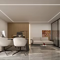 Modern Office Interior Design With Desk Chairs Sofa Artwork Glass Partitions And Marble Floor