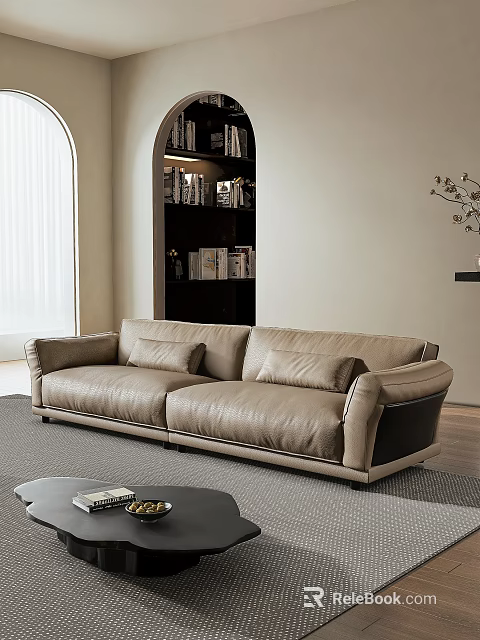 Beige Leather Three Seater Sofa In Modern Living Room With Bookshelf And Wooden Floor 3d model 