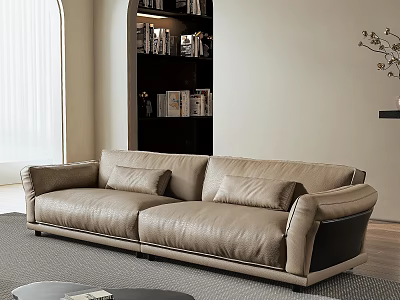 Beige Leather Three Seater Sofa In Modern Living Room With Bookshelf And Wooden Floor 3d model